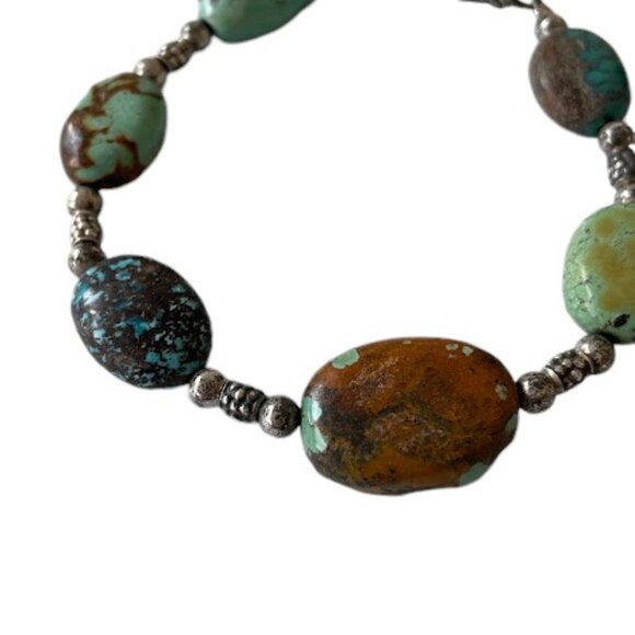 Turquoise Stone Bead Oval Nugget Sterling Silver Bracelet Hand Crafted Chunky - Picture 8 of 9